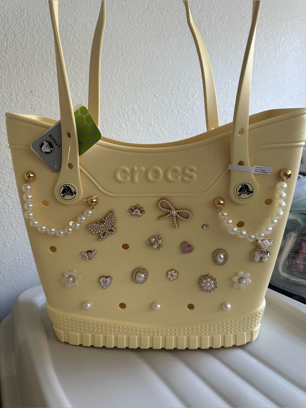 CROCS Pearl-Embellished Tote in Pale Yellow